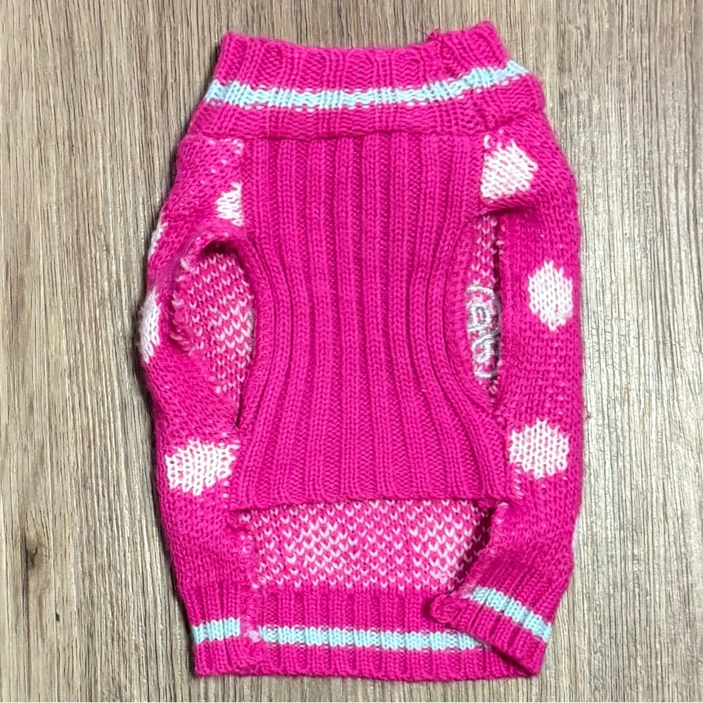 Pink Polka Dot “Sweet” Dog Sweater – XXS – Knit Pet Sweater with Sequin Heart - Picture 3 of 5